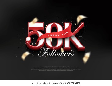 Thank you 50k followers, with 3d numbers with red ribbon. Premium vector background for achievement celebration design.