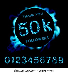 Thank you 50K followers. Blue neon fire design. Vector Illustration card on black background..