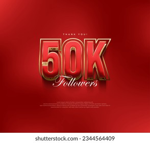 Thank you 50k followers greetings, bold and strong red design for social media posts. Premium vector background for achievement celebration design.