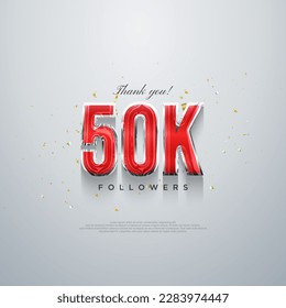 Thank you 50k followers, red numbers design on a white background. Premium vector background for achievement celebration design.