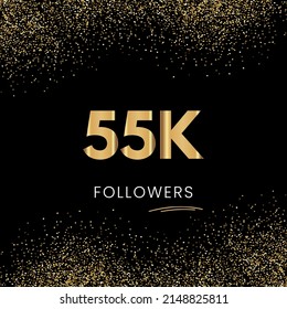 Thank you 55K or 55 Thousand followers. Vector illustration with golden glitter particles on black background for social network friends, and followers. Thank you celebrate followers, and likes.