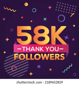 Thank you 58000 followers,thanks banner.First 58K follower congratulation card with geometric figures,lines,squares,circles for Social Networks.Web blogger celebrate a large number of subscribers.