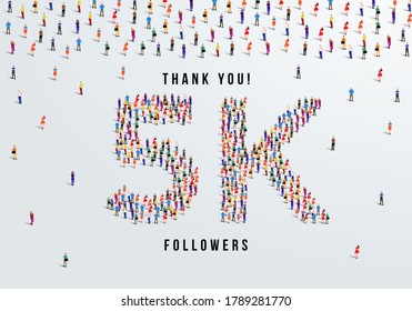 Thank you, 5k or five thousand followers celebration design. Large group of people form to create a shape 5k. Vector illustration.