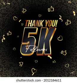 Thank you 5K followers 3d Gold and Black Font and confetti. Vector illustration 3d numbers for social media 5000 followers, Thanks followers, blogger celebrates subscribers, likes