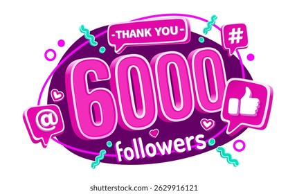 Thank you 6000 followers, peoples online social group, happy banner celebrate, Vector illustration
