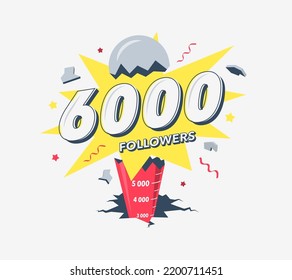 Thank you 6000 social media followers symbol. Simple modern flat banner.