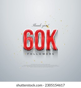 Thank you 60k followers, red numbers design on a white background.