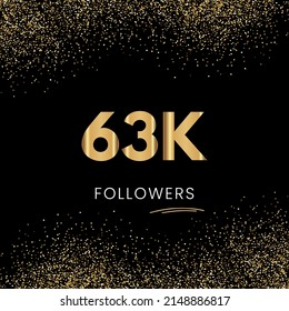 Thank you 63K or 63 Thousand followers. Vector illustration with golden glitter particles on black background for social network friends, and followers. Thank you celebrate followers, and likes.