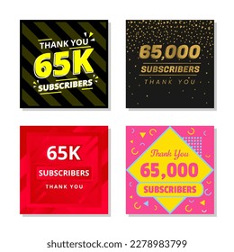 Gracias 65 mil suscriptores establecen vector de plantilla. 65000 suscriptores. 65.000 suscriptores colorido vector de diseño. gracias sesenta y cinco mil suscriptores