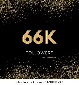 Thank you 66K or 66 Thousand followers. Vector illustration with golden glitter particles on black background for social network friends, and followers. Thank you celebrate followers, and likes.