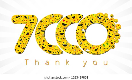 Thank you 7 000 followers logotype. Congratulating bright 7.000 networking thanks, net friends yellow symbol, 7000k sign with people faces. Isolated smiling numbers. Abstract graphic design template.