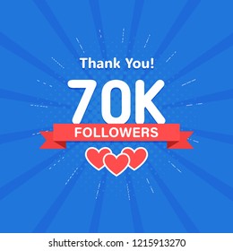 Thank you 70000 or 70k followers. Congratulation card. Web Social media concept. Blogger celebrates a many large number of subscribers.
