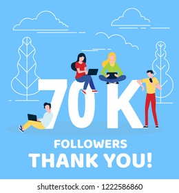 Thank you 70000 followers numbers postcard. People man, woman big numbers flat style design 70k thanks vector illustration isolated on blue background. Template for internet media and social network.