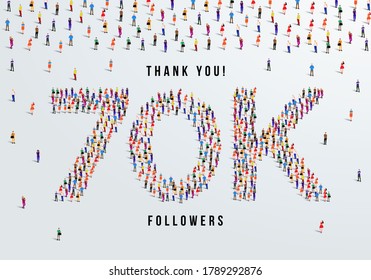 Thank you 70K or seventy thousand followers. large group of people form to create 70K vector illustration