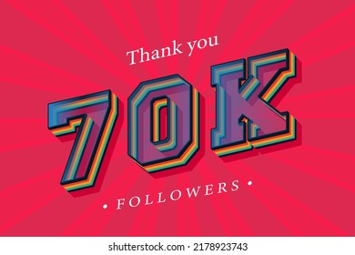 Thank you 70k social followers and subscribers with numbers Trendy Retro text effect 3d render.