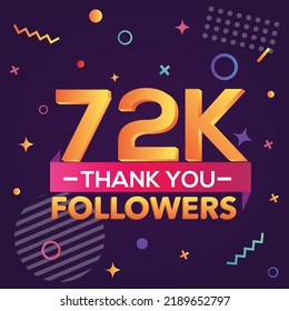 Thank you 72000 followers,thanks banner.First 72K follower congratulation card with geometric figures,lines,squares,circles for Social Networks.Web blogger celebrate a large number of subscribers.
