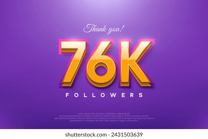 Thank you 76k followers, 3d design with orange on blue background.