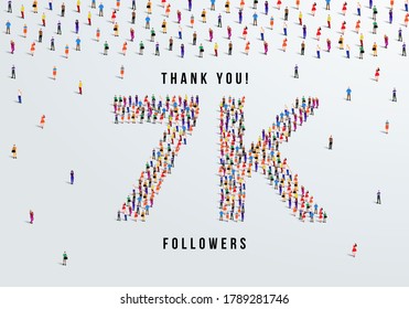 Thank you, 7k or seven thousand followers celebration design. Large group of people form to create a shape 7k. Vector illustration.