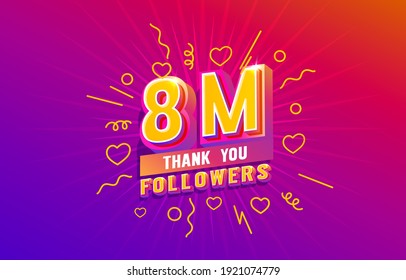 Thank you 8 million followers, peoples online social group, happy banner celebrate, Vector illustration