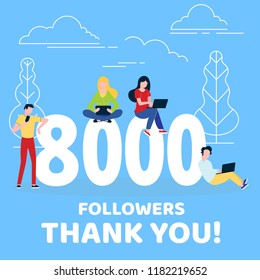 Thank you 8000 followers numbers postcard. People man, woman big numbers flat style design 8k thanks vector illustration isolated on confetti background. Template for internet media and social network