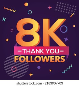 Thank you 8000 followers,thanks banner.First 8K follower congratulation card with geometric figures,lines,squares,circles for Social Networks.Web blogger celebrate a large number of subscribers.Vector