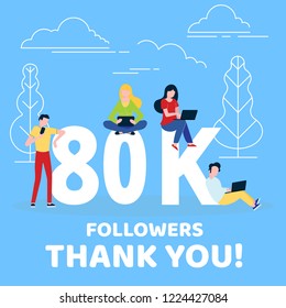 Thank you 80000 followers numbers postcard. People man, woman big numbers flat style design 90k thanks vector illustration isolated on blue background. Template for internet media and social network.