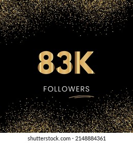 Thank you 83K or 83 Thousand followers. Vector illustration with golden glitter particles on black background for social network friends, and followers. Thank you celebrate followers, and likes.