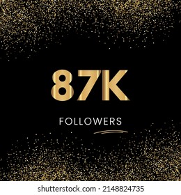 Thank you 87K or 87 Thousand followers. Vector illustration with golden glitter particles on black background for social network friends, and followers. Thank you celebrate followers, and likes.
