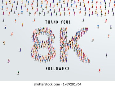 Thank you, 8k or eight thousand followers celebration design. Large group of people form to create a shape 8k. Vector illustration.