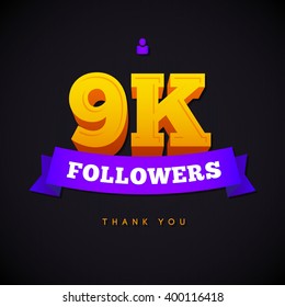Thank you 9000 followers card. Vector thanks design template for network friends and followers. Image for Social Networks. Web user celebrates a large number of subscribers or followers.