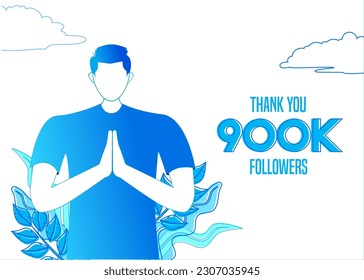 Thank you 900k followers with flat human design and plant decoration on white background. Social media template