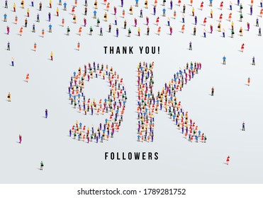 Thank you, 9k or nine thousand followers celebration design. Large group of people form to create a shape 9k. Vector illustration.