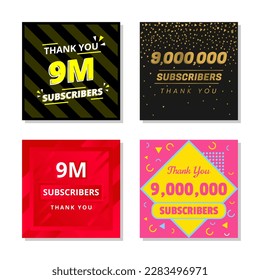 Thank you 9m subscribers set template vector. 9000000 subscribers. 9m subscribers colorful design vector. thank you nine million subscribers