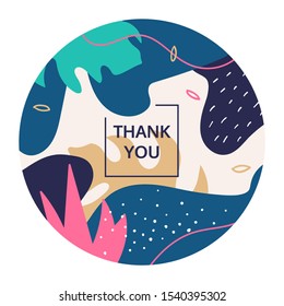 Thank you abstract colorful vector poster template. Minimalist gratitude message in a frame. Creative round border with elegant colorful leaves silhouettes. Stylish note design for social media post