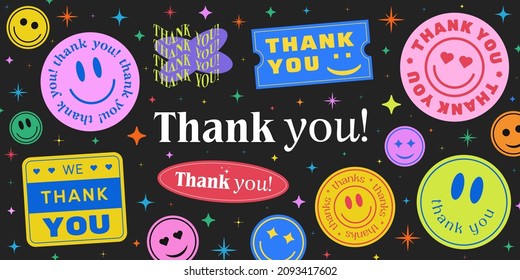 Thank You Abstract Patches Collection. Cool Trendy Smile Happy Stickers Vector Design.