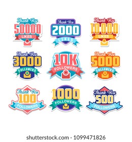 Thank you all for likes, celebration for social media friends, fans or subscribers, design element for social network vector Illustrations isolated on a white background.