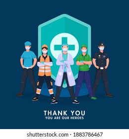 Thank You All Warriors Fighting From Coronavirus with Medical Security Shield on Blue Background.