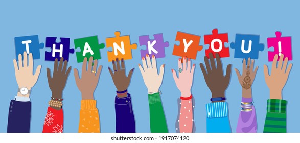 Thank  You! Appreciation Vector Banner, Flyer With Diverse Female And Male Hands Raising Up, Holding And Connecting Puzzle Pieces. Multicultural International Students Group, People Show Gratefulness 