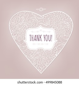 Thank you. The artwork in the style of Paisley. Vector image of heart patterns. Vignette with text. The template cards.