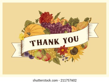 Thank you. Autumn. Vintage vector card. Pumpkin, grapes, sunflower, fruit on beige background. 