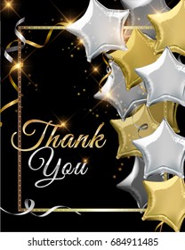 Thank You background with silver and gold star shaped balloons. Vector illustration.Wallpaper.flyers, invitation, posters, brochure, banners