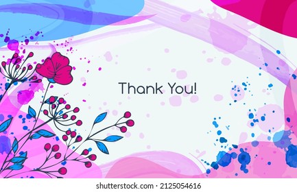 Thank you background. Vector watercolor abstraction. Thank you card. Bright pink and purple colors. A simple bouquet in the doodle style.