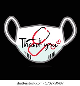 Thank you! Badge with heart and stethoscope icons. Flat vector illustration on block background.
