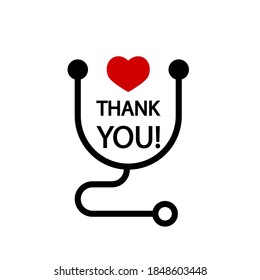 Thank You! Badge With Heart And Stethoscope Icons. Flat Vector Illustration On White Background.