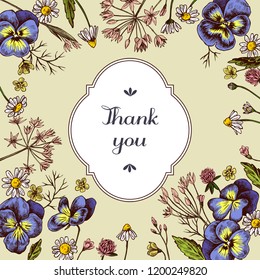 Thank you badge over heartseases and chamomiles on a yellow background. Hand drawn vector illustration