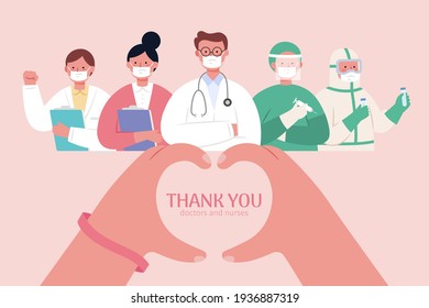 Thank you banner for doctors, nurses and other medical workers who protect and take care of us during COVID 19 pandemic. Finger making a heart shape. Flat style illustration.