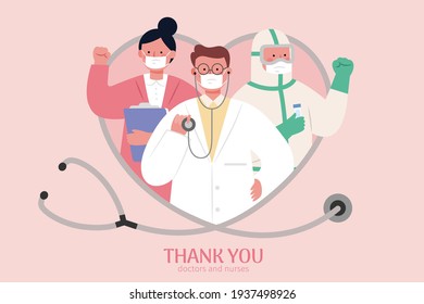 Thank you banner for doctors, nurses and other medical workers who protect and take care of us during COVID 19 pandemic. Heart shape made up of stethoscope. Flat style illustration.