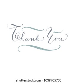 Thank you banner with hand lettered message. Elegant calligraphic gratitude postcard in soft grey tones, vector