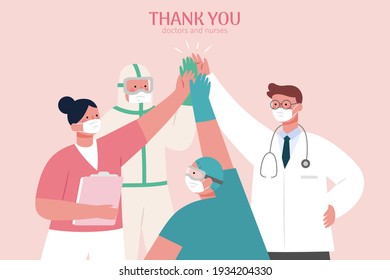 Thank you banner for medical workers. Various medical workers wearing face masks giving each other high five. Flat illustration design style.