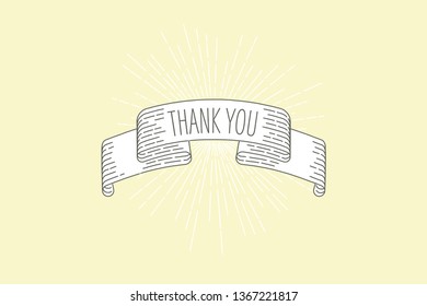 Thank you banner. Ribbon banner greeting card in vintage look with phrase thank you, engraving style graphic. Retro design element. Vector Illustration.